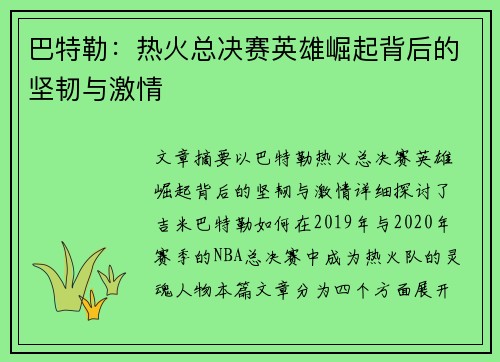 巴特勒：热火总决赛英雄崛起背后的坚韧与激情