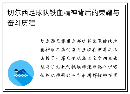切尔西足球队铁血精神背后的荣耀与奋斗历程