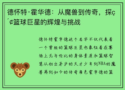 德怀特·霍华德：从魔兽到传奇，探索篮球巨星的辉煌与挑战