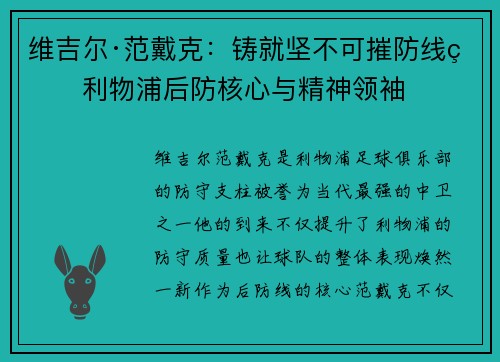维吉尔·范戴克：铸就坚不可摧防线的利物浦后防核心与精神领袖