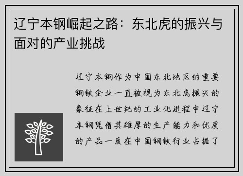 辽宁本钢崛起之路：东北虎的振兴与面对的产业挑战