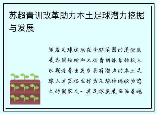 苏超青训改革助力本土足球潜力挖掘与发展