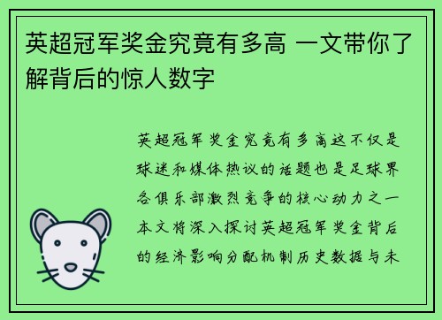 英超冠军奖金究竟有多高 一文带你了解背后的惊人数字